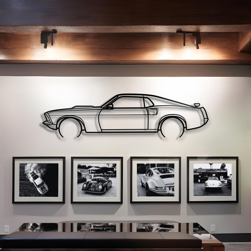 Black steel Ford Mustang silhouette above framed car photos in a lounge