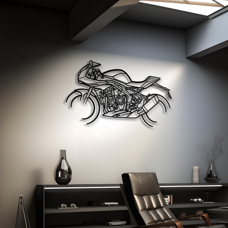 Black steel sport motorcycle silhouette on a living room wall